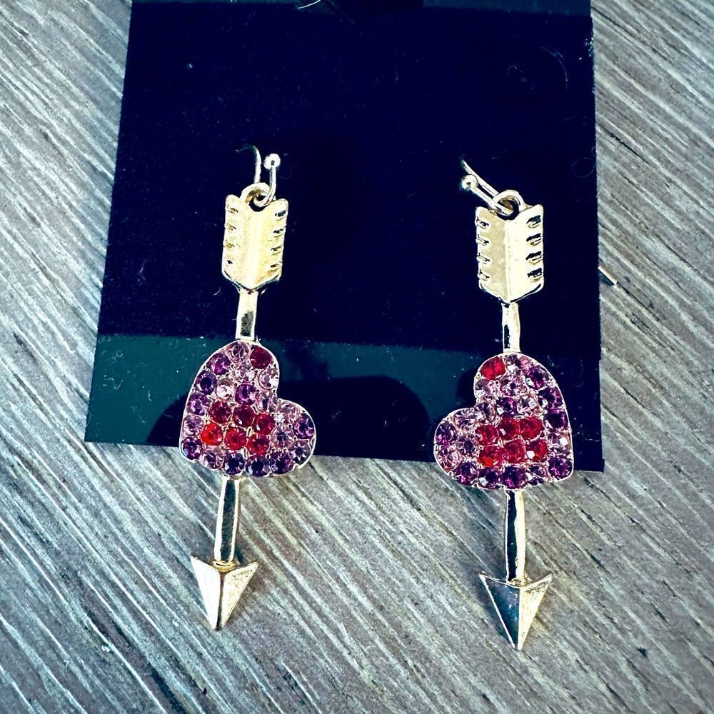 Crystal Heart Gold Arrow Valentine Earrings